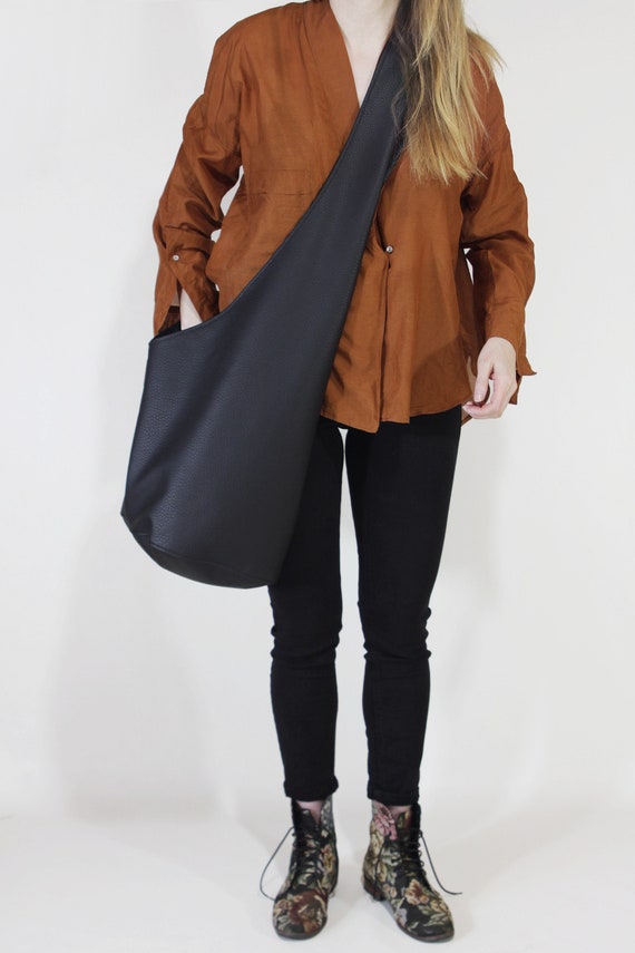Black Leather HIPPIE Bag Large BOHO Bag Oversized Hobo Bag 