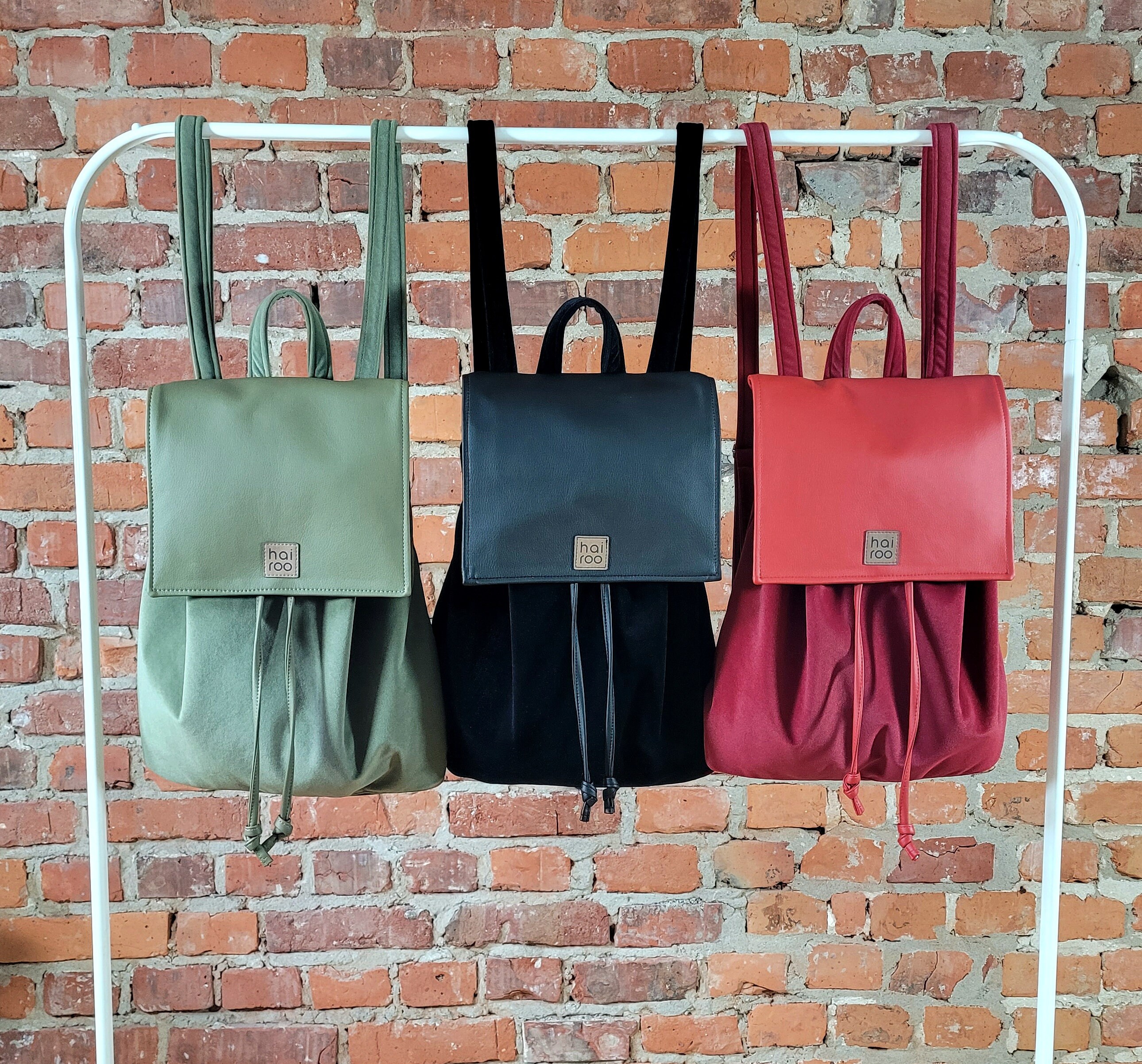 Peach velvet, backpack with black faux leather Black Velvet Backpack: Vegan Leather Flap, Adjustable Straps  main image 2