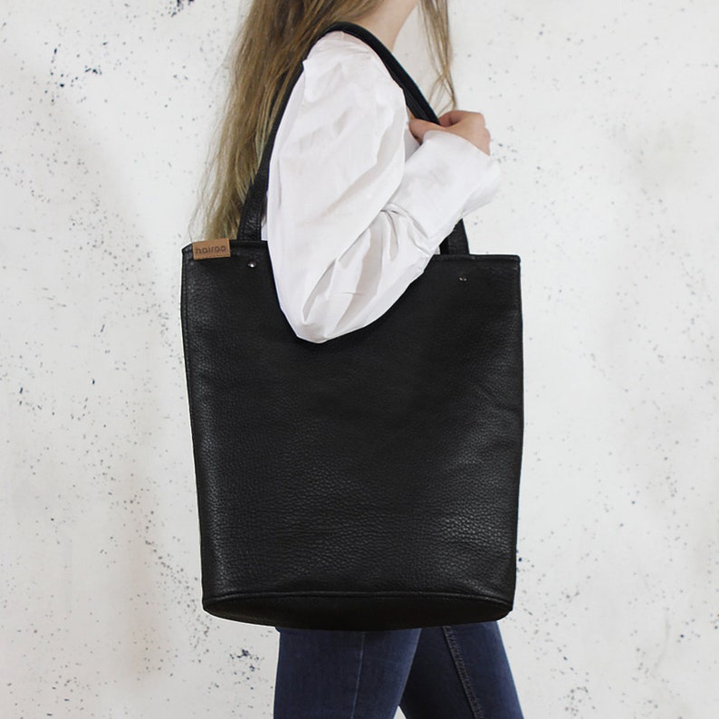 Large black tote bag, vegan leather shopper, everyday handbag, women purse, gift for her image 4