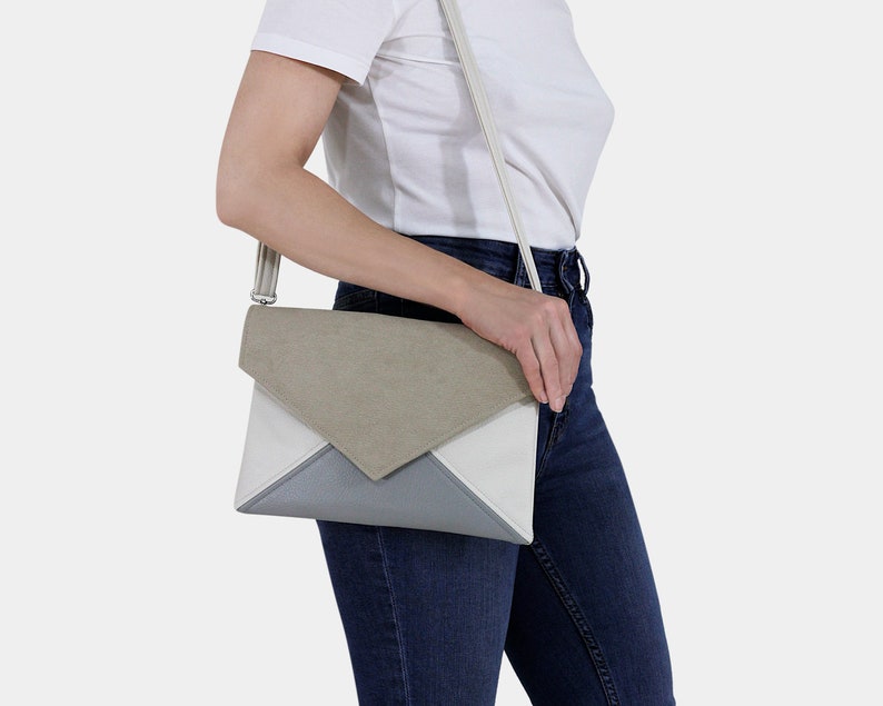 Vegan clutch tas, envelop tas beige, ecru, grijs Bruidsmeisje, bruids clutch, voor bruiloft kleine handtas met verstelbare, afneembare riem afbeelding 2