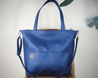 Bolso tote de piel vegana azul oscuro, bolso bandolera extragrande