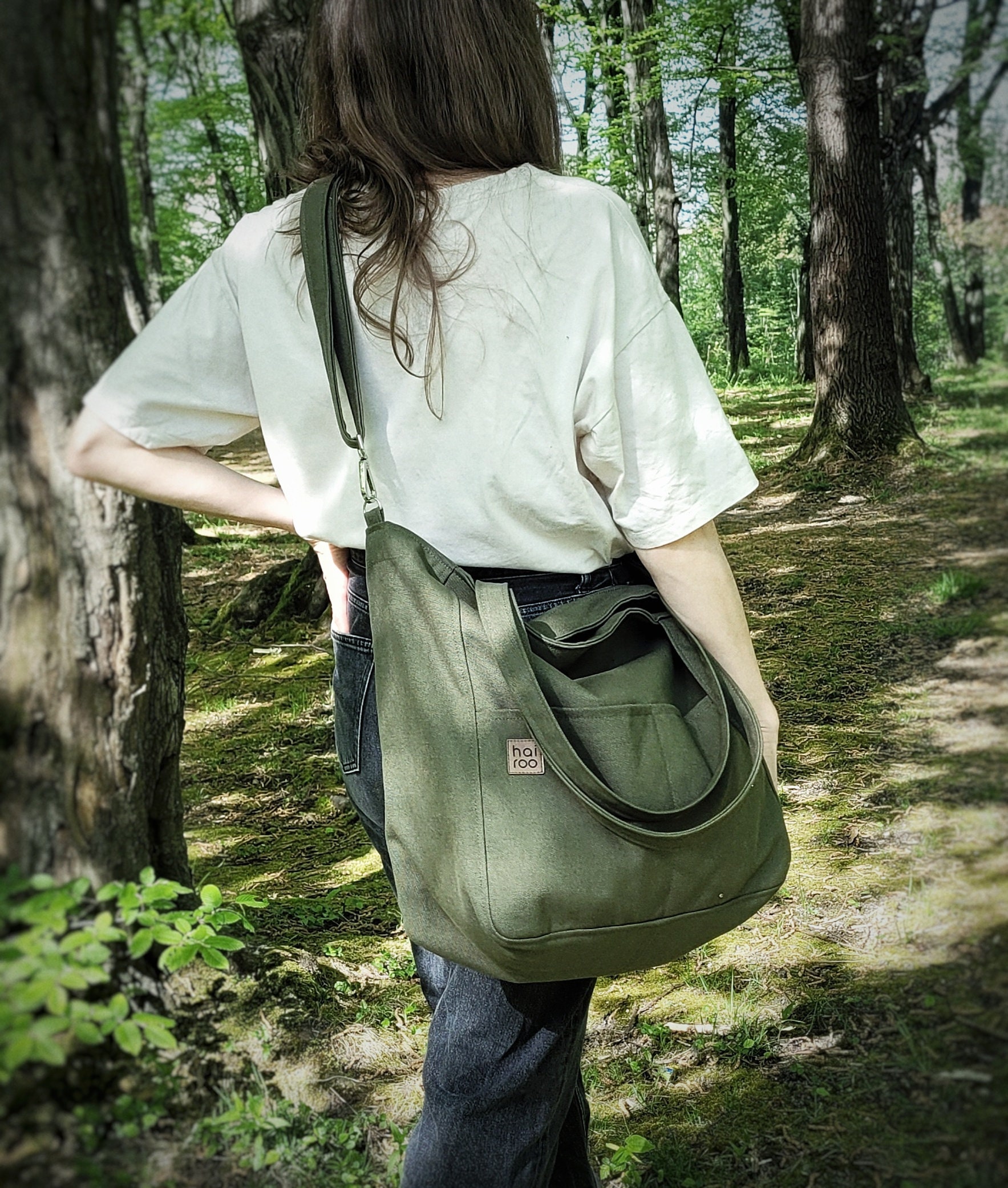 Army Green Canvas Handbag With Pocket, Oversized Tote, Thick