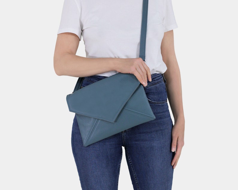 Clutch bag envelope light blue vegan leather bag faux leather purse handbag strap pocket zipped wedding bridesmaid bridal evening gift image 3