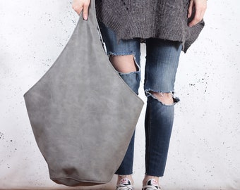 Bolso hobo de piel sintética gris, bandolera holgada, bolso vegano, estilo bohemio, bolso de mano