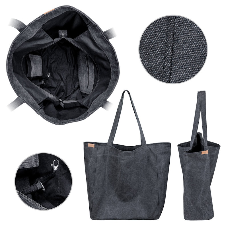 Large Canvas Tote Bag With Zipper Pockets Vegan Work Bag Etsy