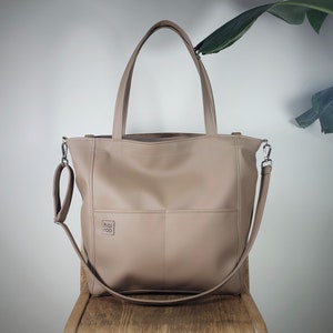 Dark Beige Vegan Leather Tote Bag, Oversized Crossbody with Pockets, Adjustable Strap