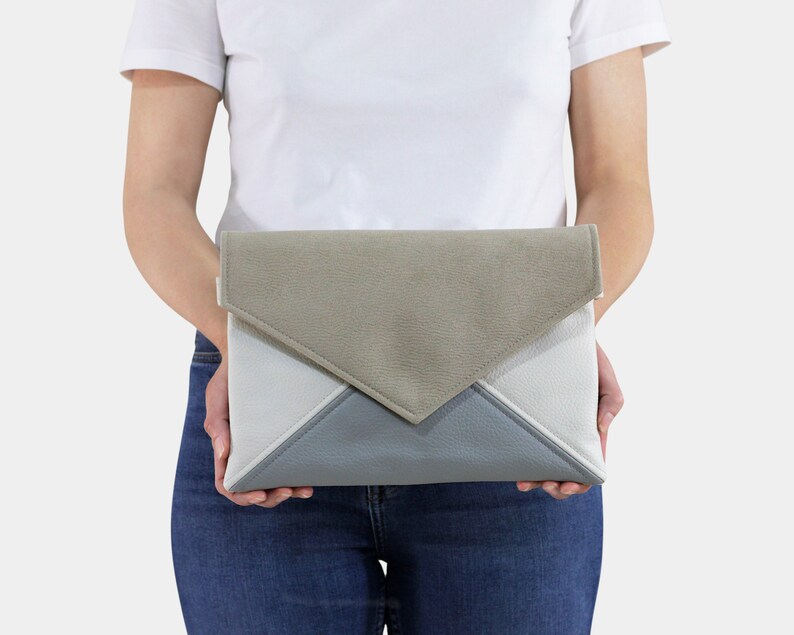 Vegan clutch tas, envelop tas beige, ecru, grijs Bruidsmeisje, bruids clutch, voor bruiloft kleine handtas met verstelbare, afneembare riem afbeelding 3