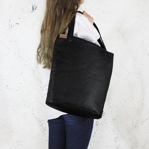 Large black tote bag, vegan leather shopper, everyday handbag, women purse, gift for her image 3