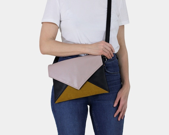 Clutch Bag Envelope Black Pink Yellow Vegan Leather Bag Faux 