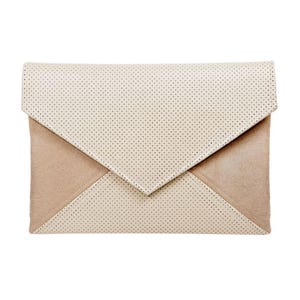 SALE ! Clutch bag envelope beige perforated vegan leather bag faux leather suede purse handbag strap pocket zipped wedding bridesmaid