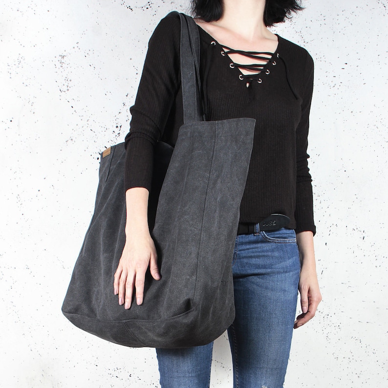 Large Canvas Tote Bag With Zipper Pockets Vegan Work Bag Etsy