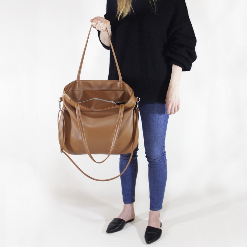 Vegan leather tote bag with zipper Vegan gift Casual | Etsy