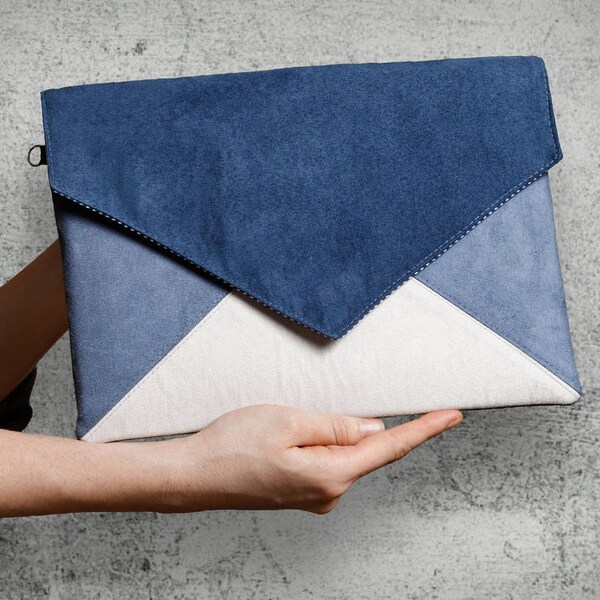 SALE ! Clutch bag envelope blue ecru vegan leather bag faux suede imitation purse handbag strap pocket zipped wedding bridesmaid evening bag