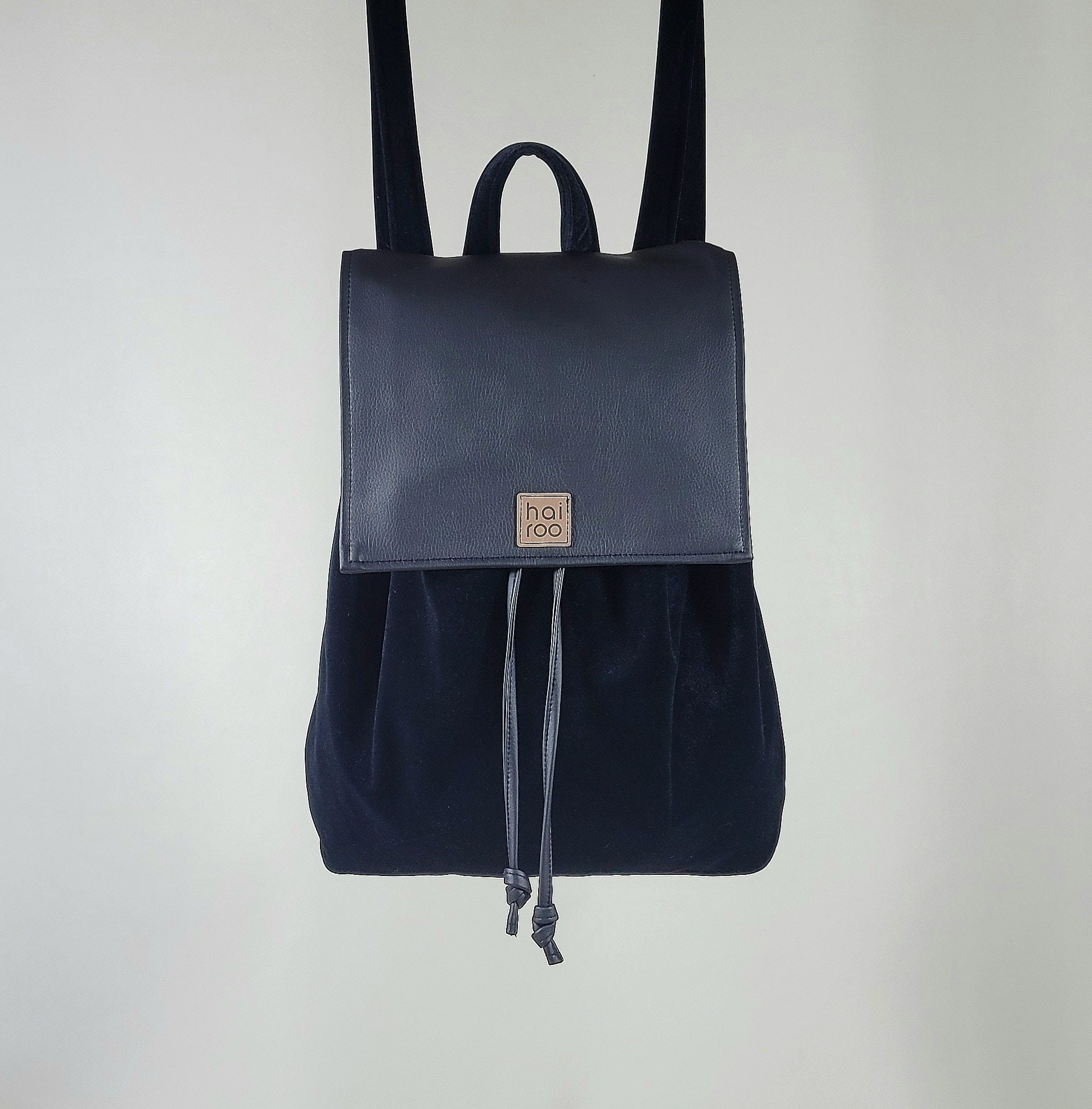 Black Velvet Backpack: Vegan Leather Flap, Adjustable Straps 
