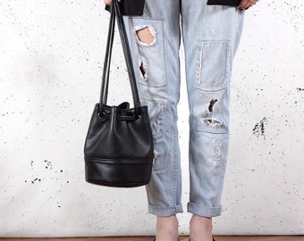 Black Vegan Leather Bucket Bag: Handmade Crossbody Shoulder Pouch
