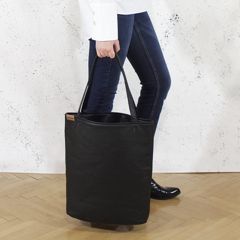 Large black tote bag, vegan leather shopper, everyday handbag, women purse, gift for her image 9