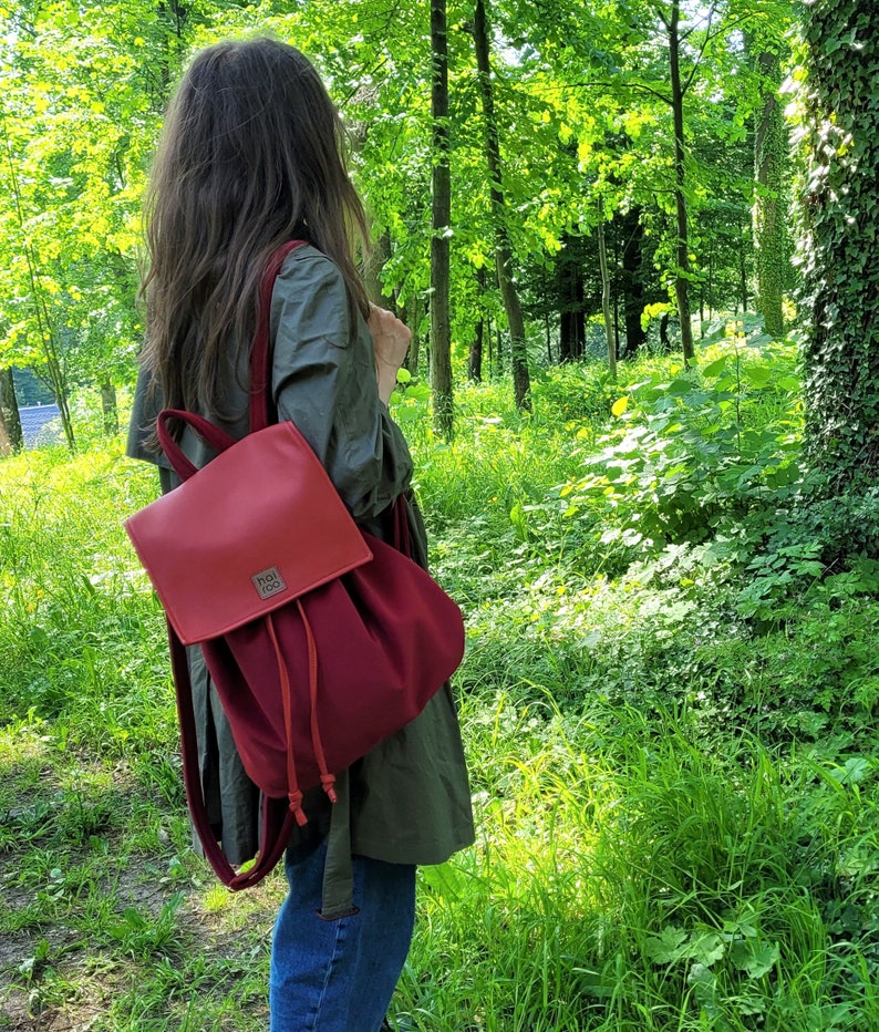 Red velvet backpack, handcrafted backpack, rucksack with lining, water repellent, city backpack, gift for girl image 3