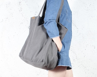 Graphite Canvas Tote Bag: Vegane Schultertasche mit Reißverschluss, robuste Handtasche aus Baumwolle