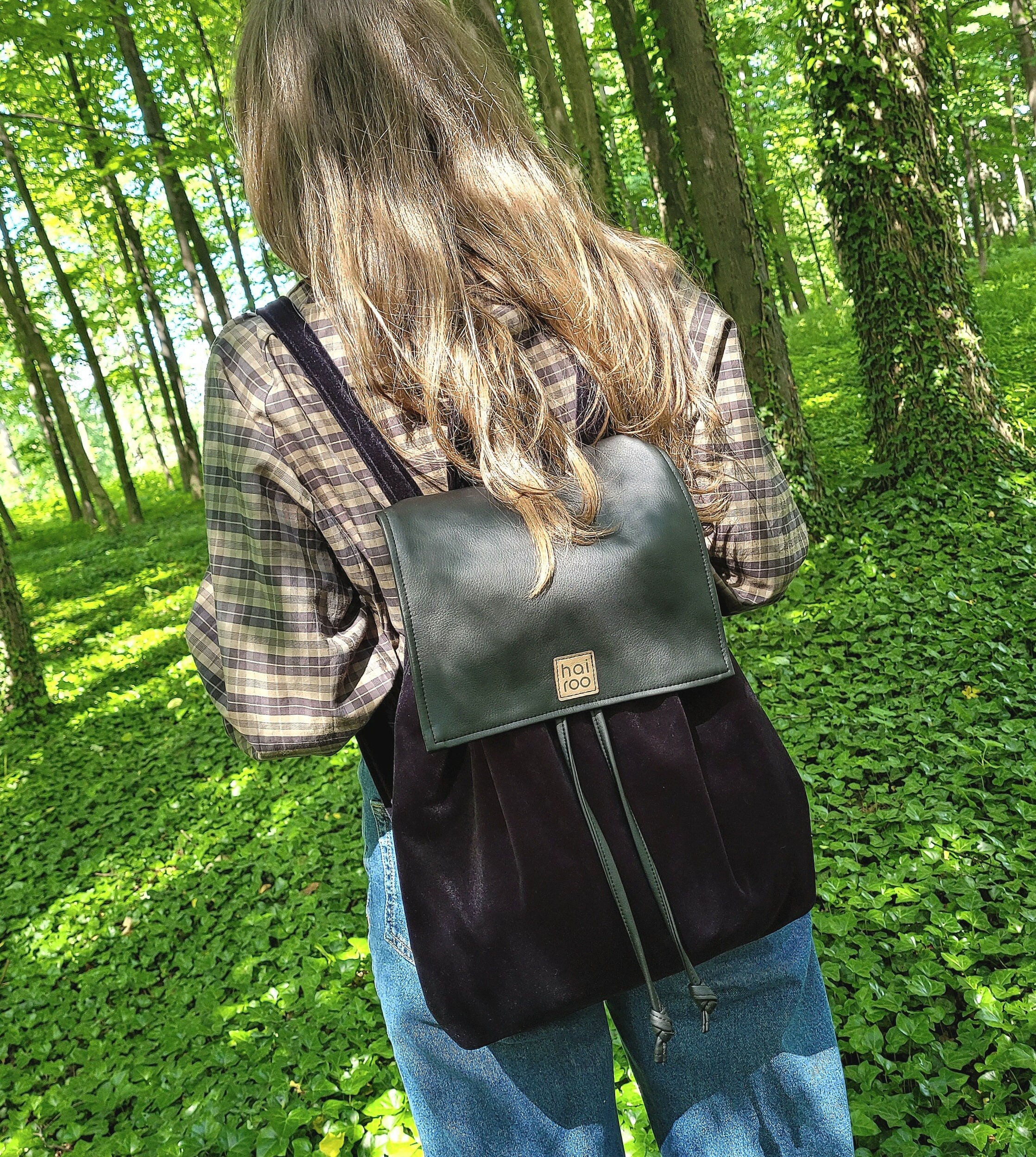 Designer Genuine Leather & Black Velvet Small Backpack Black Velvet Backpack: Vegan Leather Flap, Adjustable Straps  main image 3
