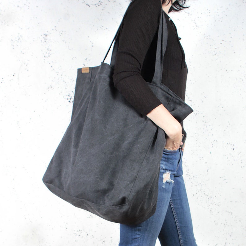 Large Canvas Tote Bag With Zipper Pockets Vegan Work Bag Etsy