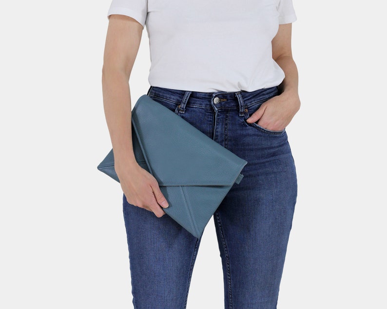 Clutch bag envelope light blue vegan leather bag faux leather purse handbag strap pocket zipped wedding bridesmaid bridal evening gift image 5