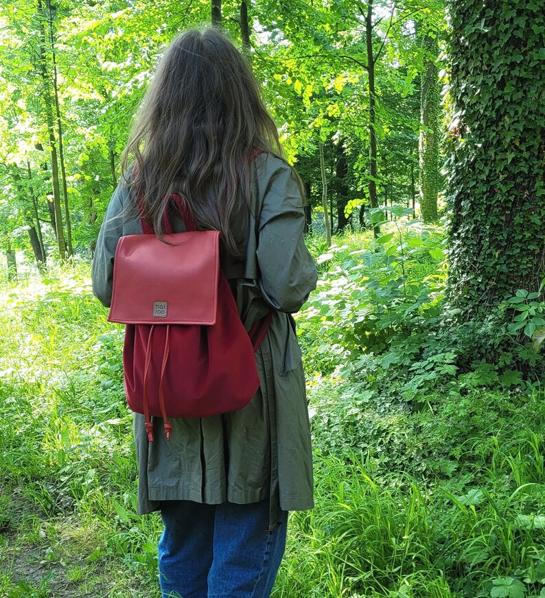 Red velvet backpack, handcrafted backpack, rucksack with lining, water repellent, city backpack, gift for girl image 1