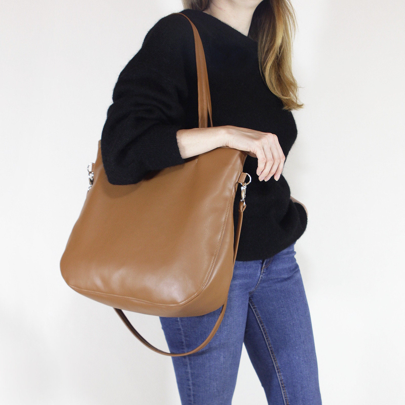 Stitched Vegan Leather Tote With Side Zip Pockets