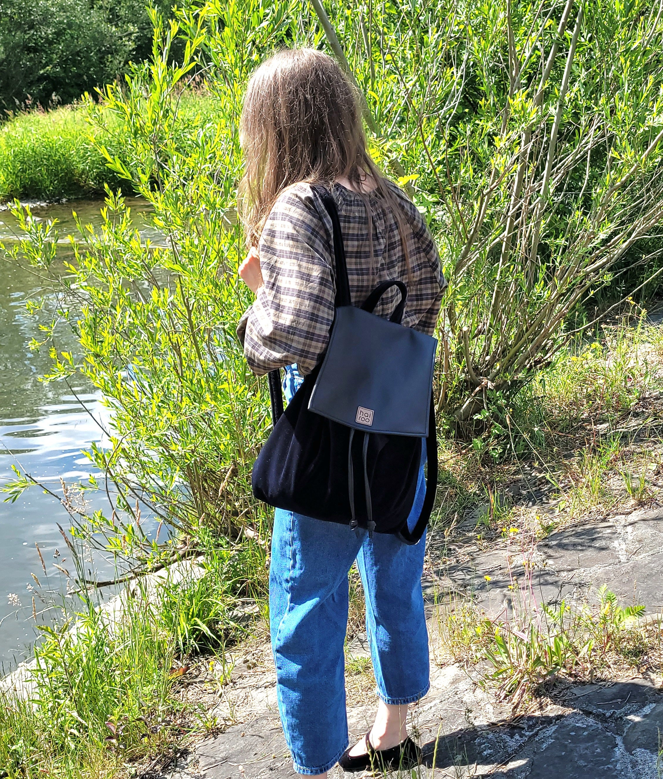 Designer Genuine Leather & Black Velvet Small Backpack Black Velvet Backpack: Vegan Leather Flap, Adjustable Straps  main image 2