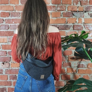 Black canvas fannypack, cotton sling bag, bum bag, waist bag, crossbody bag, gift for vegan girl, handcrafted, city bag, dumpling bag image 2