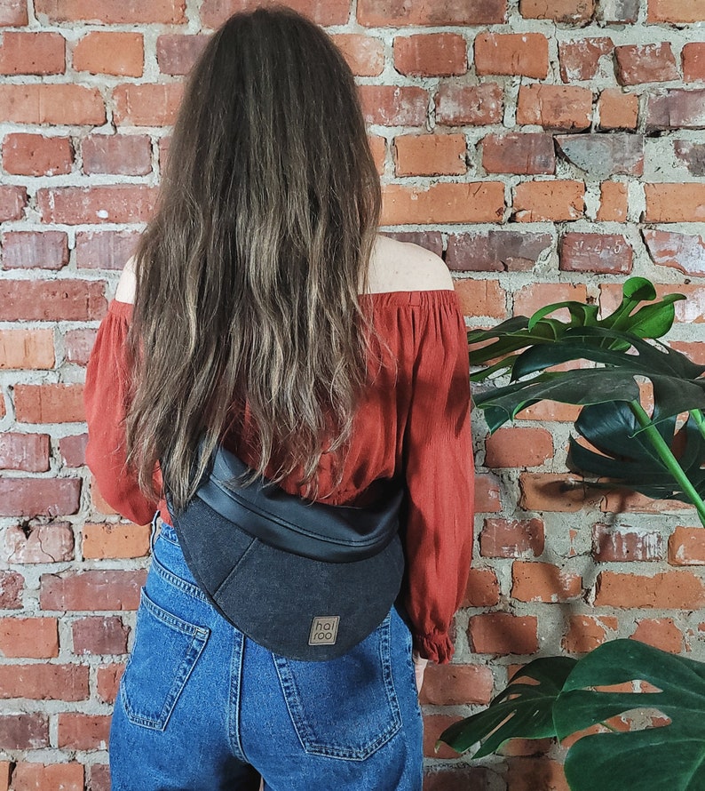 Black canvas fannypack, cotton sling bag, bum bag, waist bag, crossbody bag, gift for vegan girl, handcrafted, city bag, dumpling bag image 2