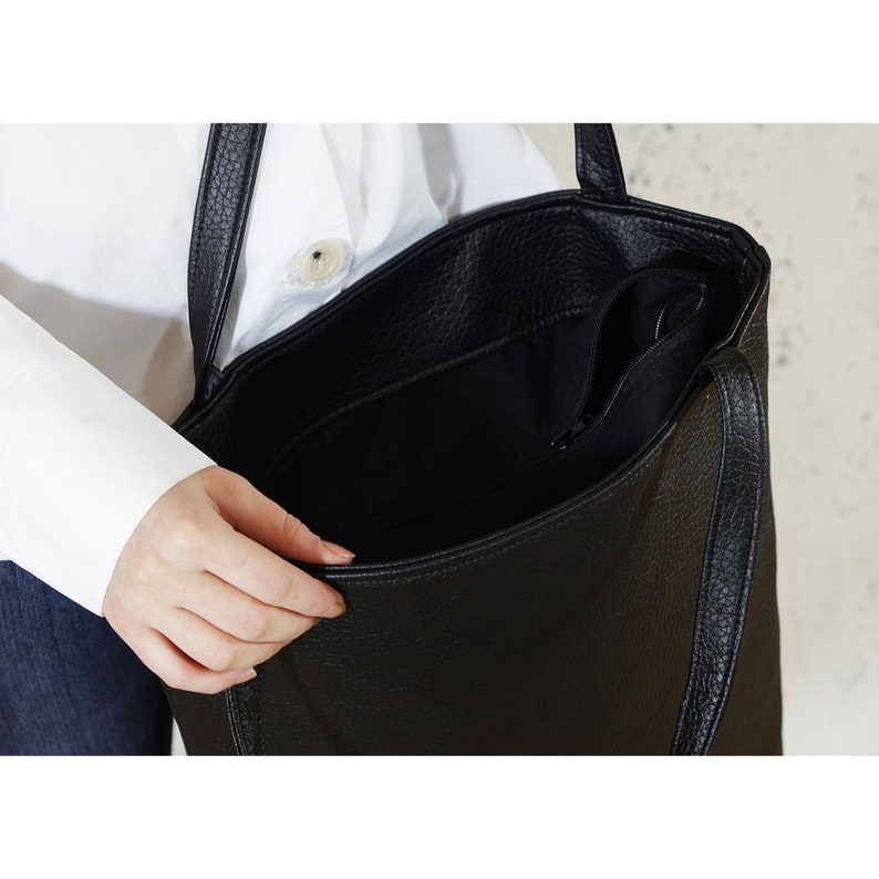 Large black tote bag, vegan leather shopper, everyday handbag, women purse, gift for her image 6