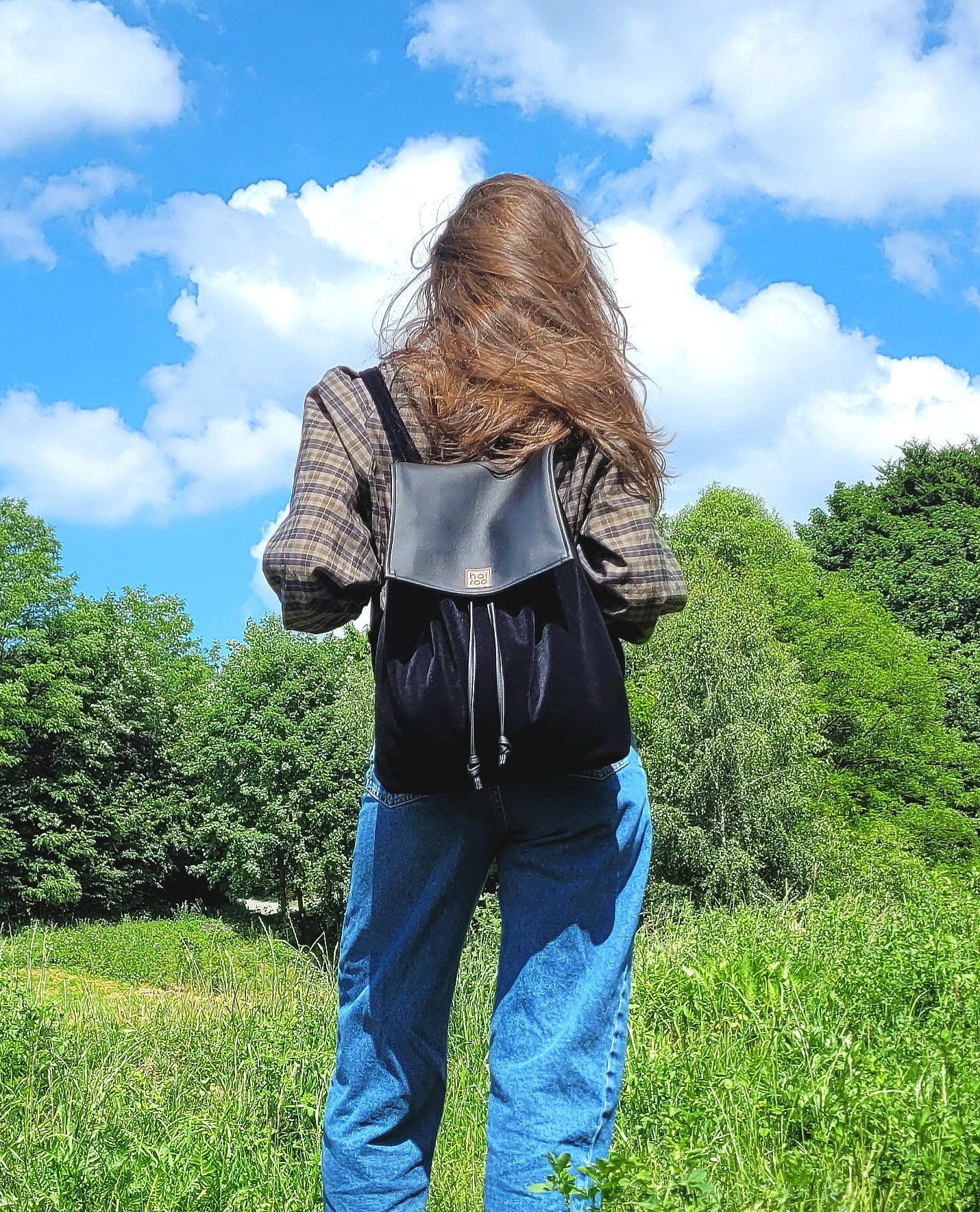 Peach velvet, backpack with black faux leather Black Velvet Backpack: Vegan Leather Flap, Adjustable Straps  main image 2