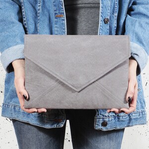 Dove grey shop suede clutch bag