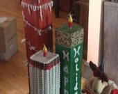 Faux Candles with Ribbons, PEARLS and Happy Holiday message...made from Wood, perfect for that welcoming spot by your Front Door!