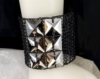 Wire Crochet Wide Cuff Bracelet with Swarovski Crystals