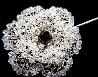 Silver Wire Crochet Crystal Flower Pin Brooch