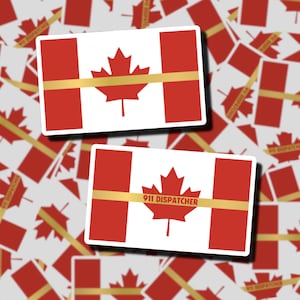 Pegatinas de la bandera canadiense para el despachador del 911 (ROJAS) / Despachador del 911 / Bomberos, policía y ambulancias / Regalos para el despachador del 911 / Línea dorada fina