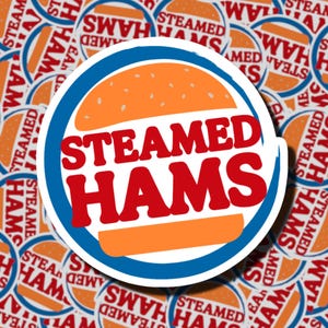 May include: A sticker featuring a burger design with the words "Steamed Hams" in red, set against a blue and white circular border. The background is filled with similar stickers, creating a repeating pattern.