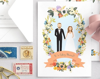 Spring Couples Portrait Wedding Invites / Custom Illustrated Wedding Invitations / Illustrated Couples and Family Portrait