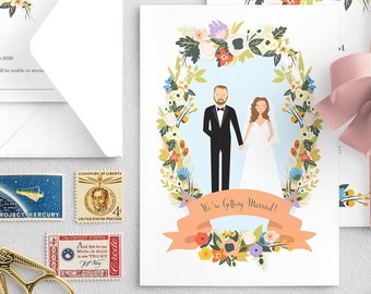 Spring Couples Portrait Wedding Invites / Custom Illustrated Wedding Invitations / Illustrated Couples and Family Portrait