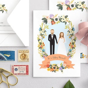 Spring Couples Portrait Wedding Invites / Custom Illustrated Wedding Invitations / Illustrated Couples and Family Portrait