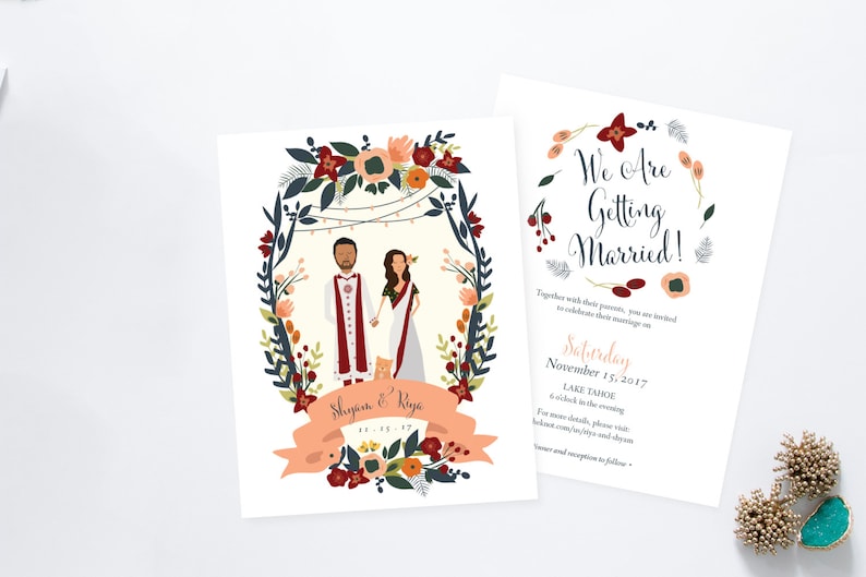 Golden Indian Palace Wedding // Shaadi Wedding // Illustrated Couples Portrait // Illustrated Family Portrait // DIY Wedding Invites image 4