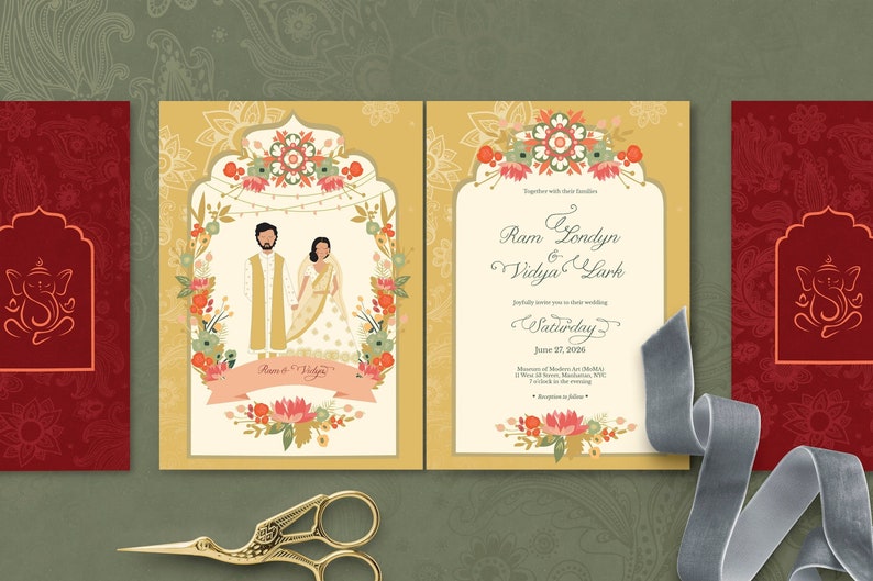 Golden Indian Palace Wedding // Shaadi Wedding // Illustrated Couples Portrait // Illustrated Family Portrait // DIY Wedding Invites image 1