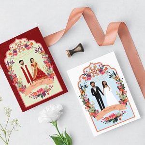 Golden Indian Palace Wedding // Shaadi Wedding // Illustrated Couples Portrait // Illustrated Family Portrait // DIY Wedding Invites image 2