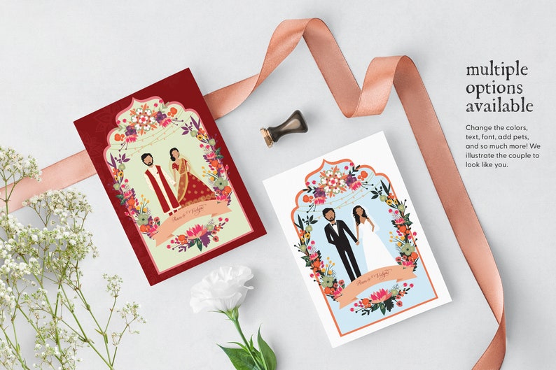 Golden Indian Palace Wedding // Shaadi Wedding // Illustrated Couples Portrait // Illustrated Family Portrait // DIY Wedding Invites image 2