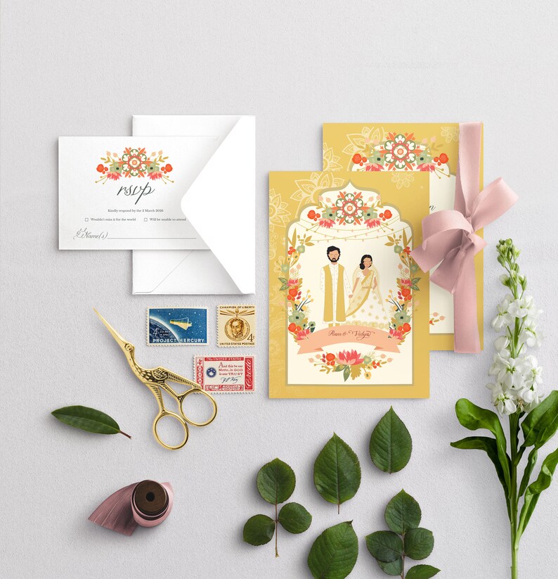 Golden Indian Palace Wedding // Shaadi Wedding // Illustrated Couples Portrait // Illustrated Family Portrait // DIY Wedding Invites image 3