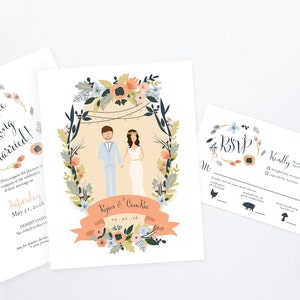 Joshua Tree Desert Oasis Sage and Pink Couples Wedding Invites /// Illustrated Couples Portrait /// Illustrated Family Portrait image 1