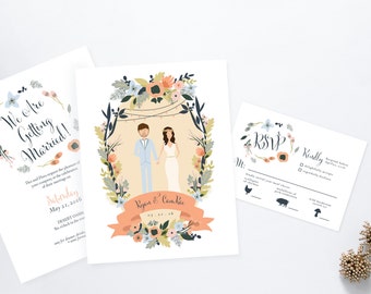 Joshua Tree Desert Oasis Sage and Pink Couples Wedding Invites /// Illustrated Couples Portrait /// Illustrated Family Portrait