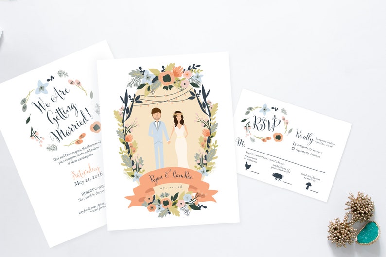 Joshua Tree Desert Oasis Sage and Pink Couples Wedding Invites /// Illustrated Couples Portrait /// Illustrated Family Portrait image 1