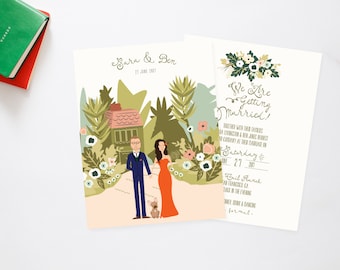 Boho Beach Bungalow Secret Garden Couples + Pet Portrait Wedding Invites /// Illustrated Couples Portrait /// Illustrated Family Portrait